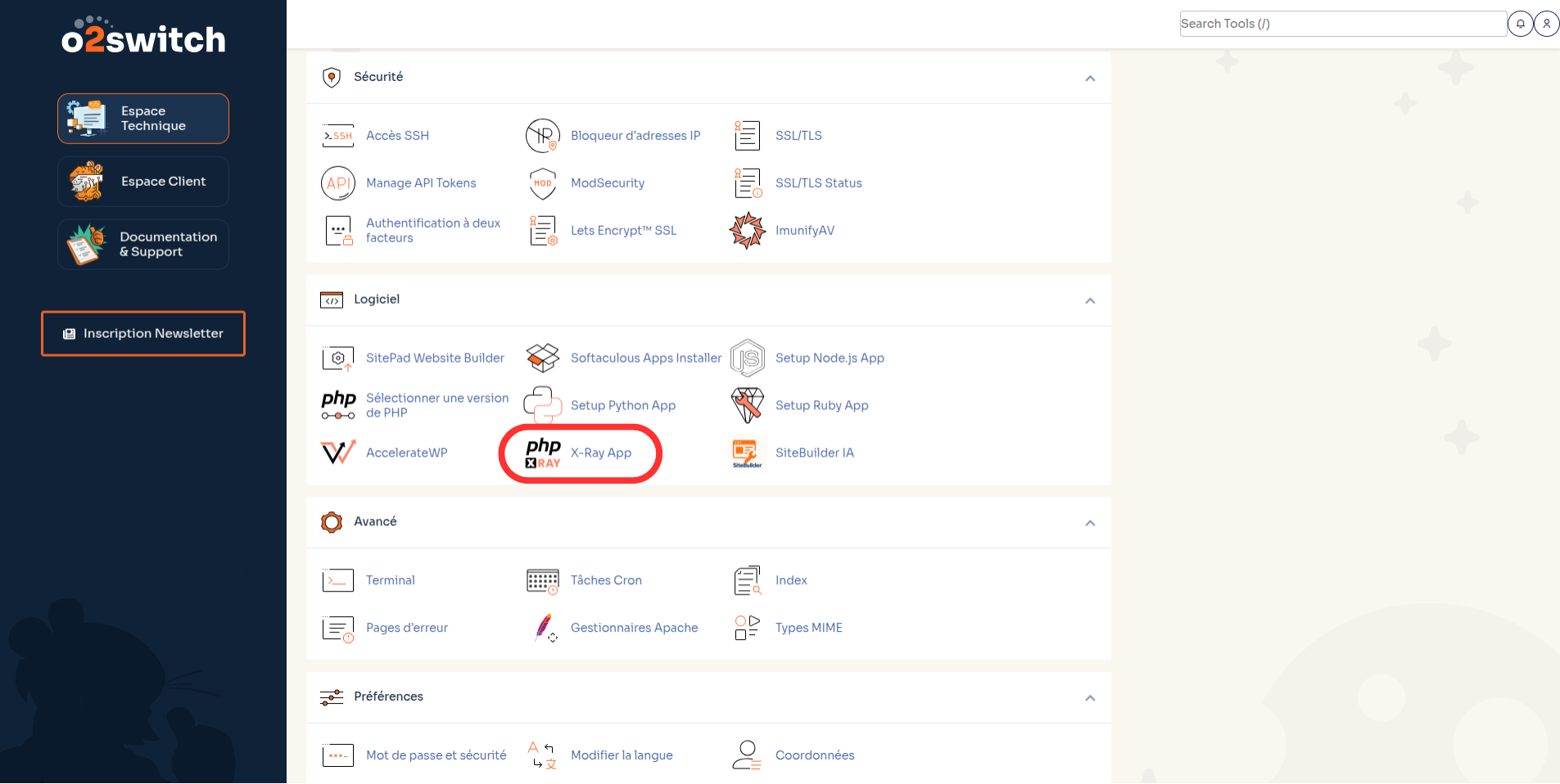 Icône PHP X-Ray dans cPanel sur un hébergement o2switch.