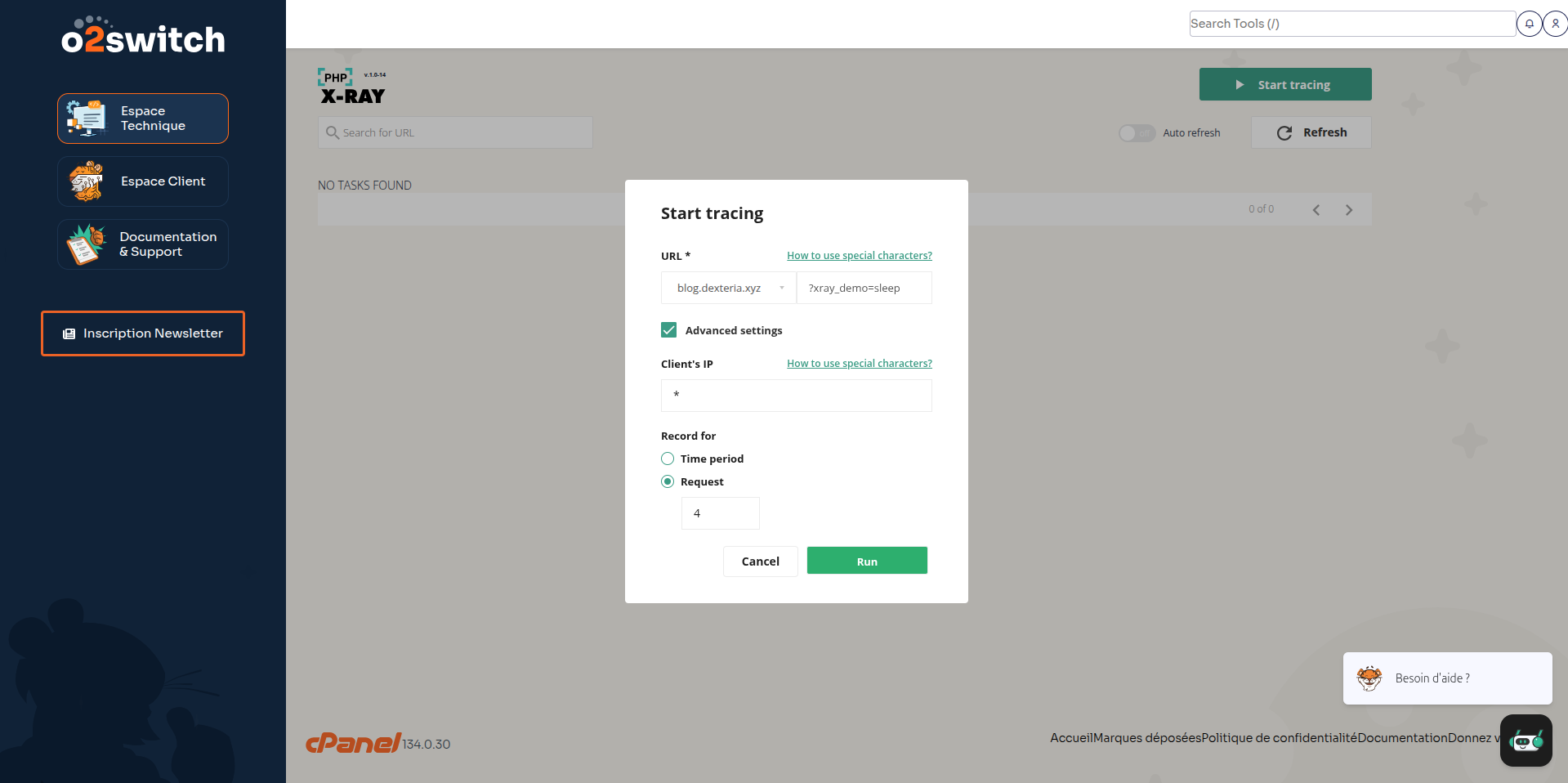 Création d'une nouvelle trace PHP X-Ray sur un site dédié au test.