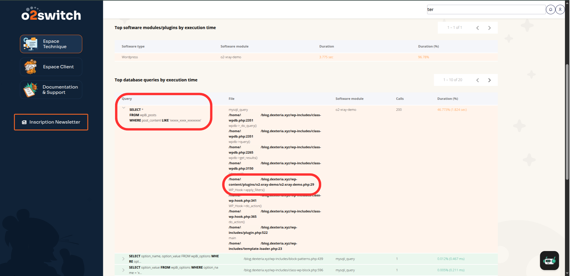 Détails rapport PHP X-Ray avec une requête SQL lente.