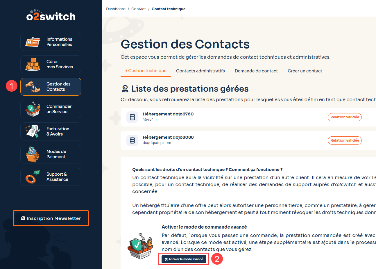 Capture d'écran de la page pour activer le mode de commande avancé chez o2switch
