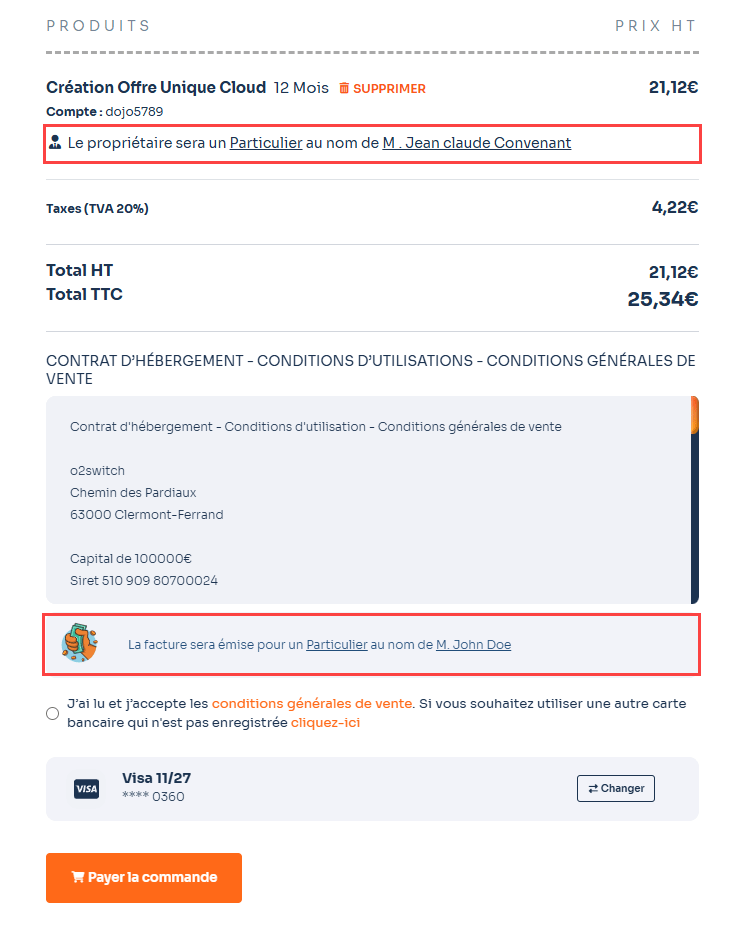 Capture d'écran de la dernière étape de commande, le récapitulatif