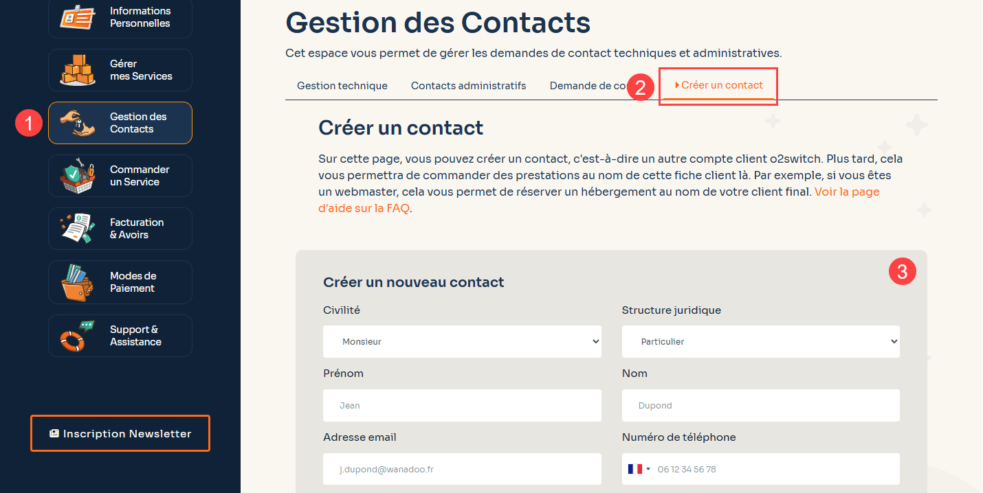 Capture d'écran du formulaire de création d'un contact