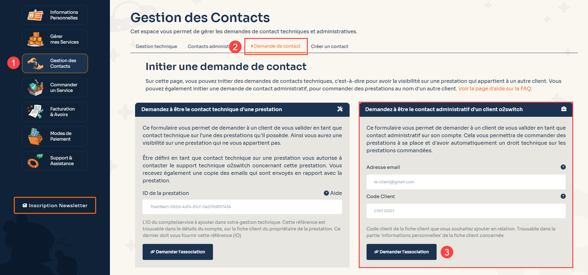 Capture d'écran du formulaire de demande de contact administratif chez o2switch