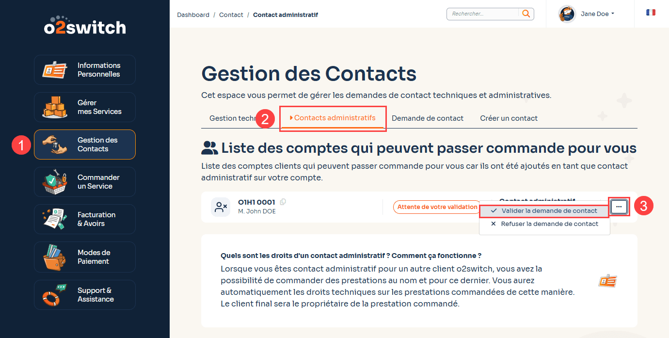 Capture d'écran de la page pour valider les demandes de contacts administratifs