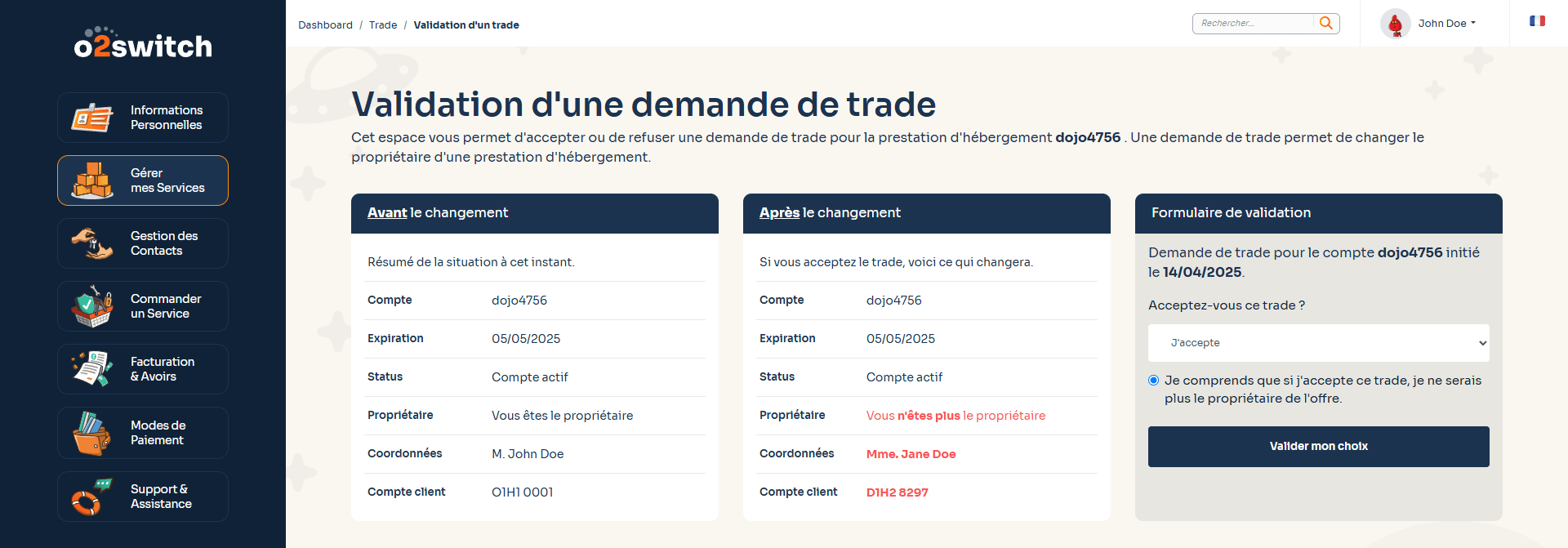 Capture d'écran du formulaire pour accepter ou refuser un trade o2switch
