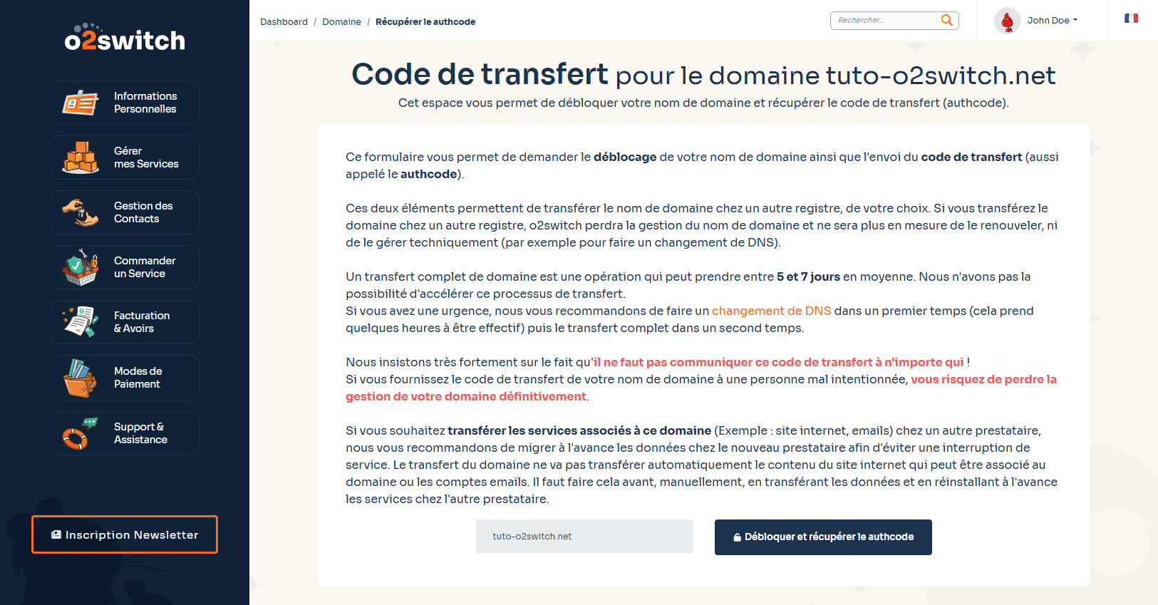 Capture d'écran de l'espace client o2switch montrant comment récupérer le code de transfert d'un domaine