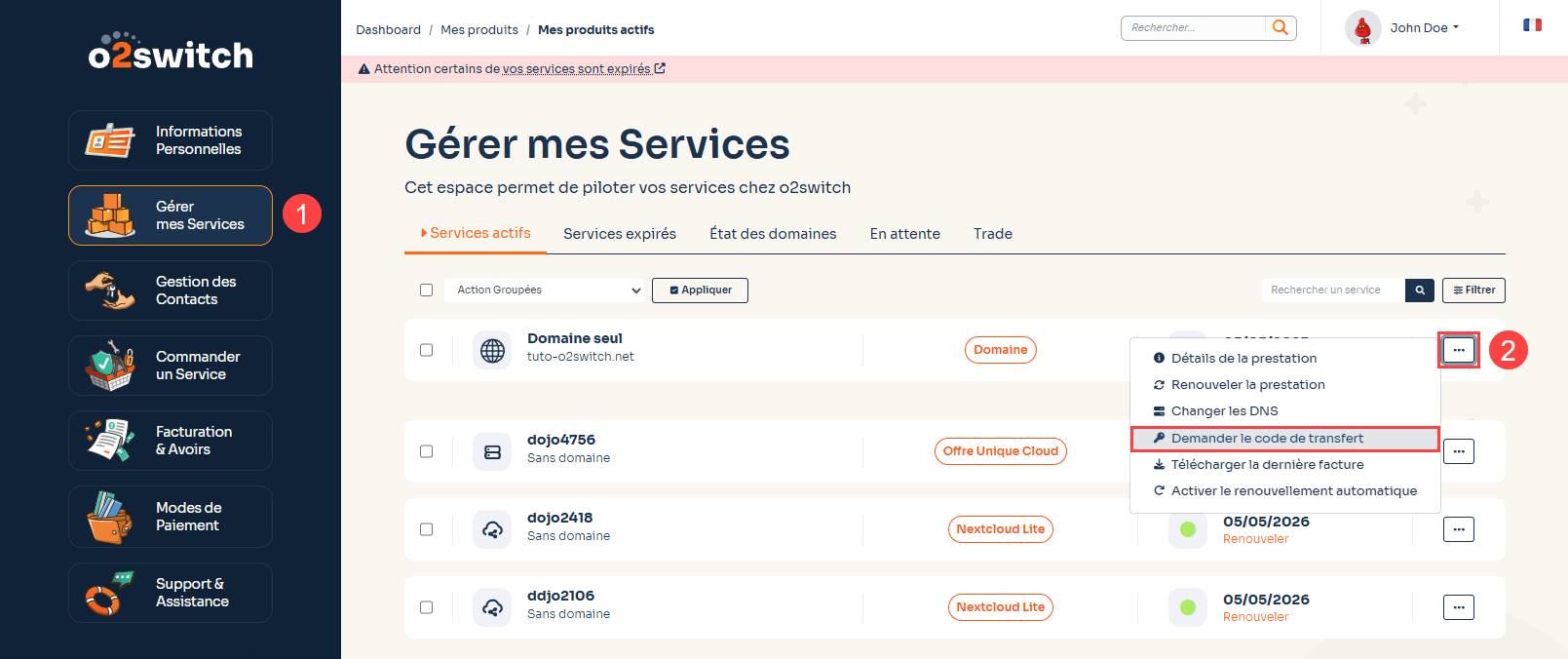 Capture d'écran de l'espace client o2switch montrant comment récupérer le code de transfert d'un domaine