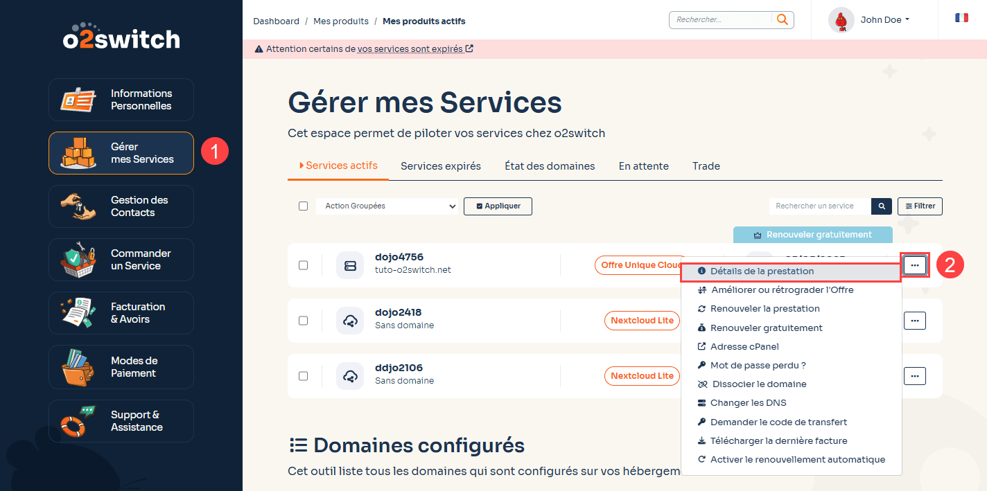 Capture d'écran de l'espace client o2switch expliquant comment accéder au détails d'une prestation