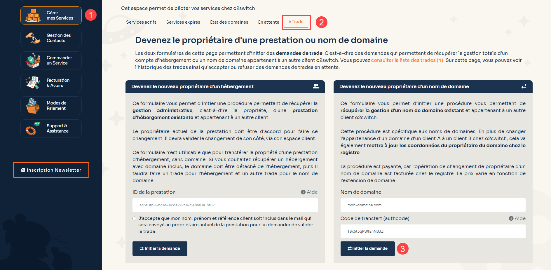 Capture d'écran de l'espace client o2switch expliquant comment changer le propriétaire d'un nom de domaine
