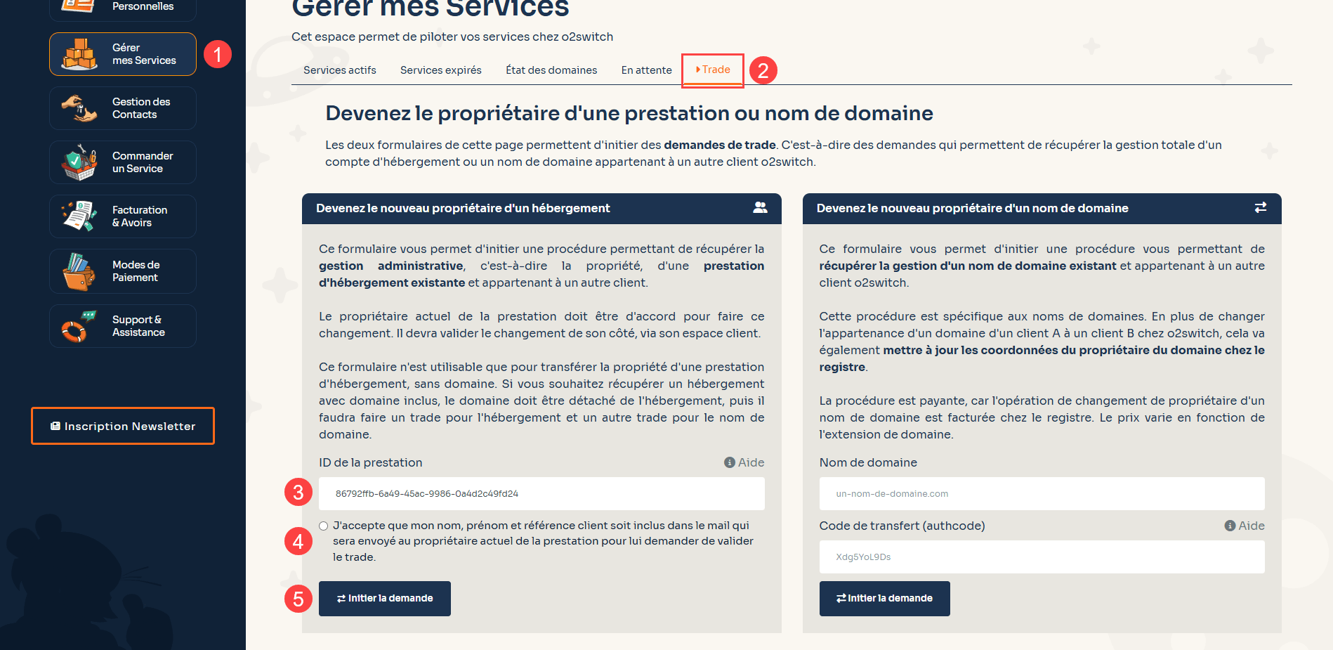 Capture d'écran de l'espace client o2switch montrant comment initier un changement de propriétaire