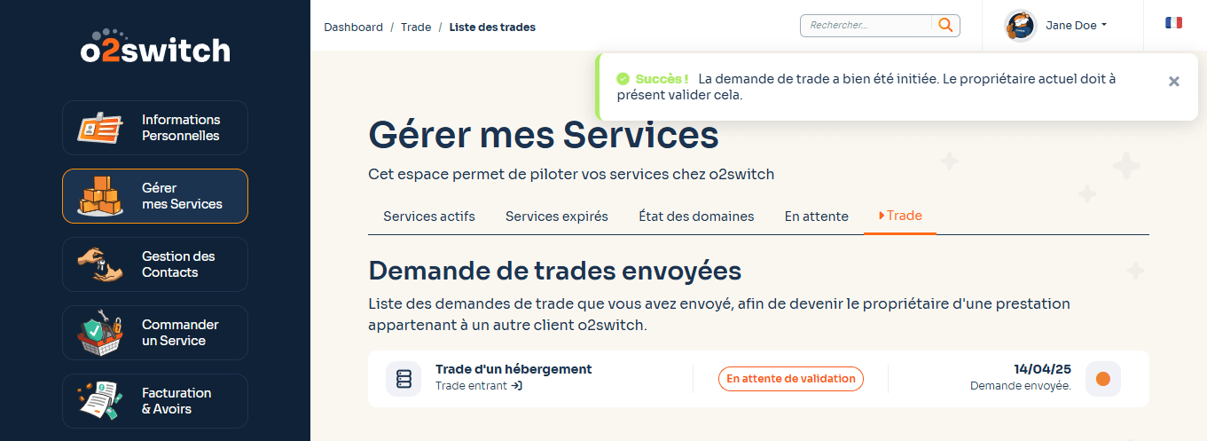 Capture d'écran de la demande de changement de propriétaire initiée