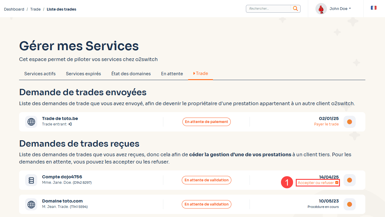 Capture d'écran de l'espace client o2switch qui montre la liste des procédures de trade