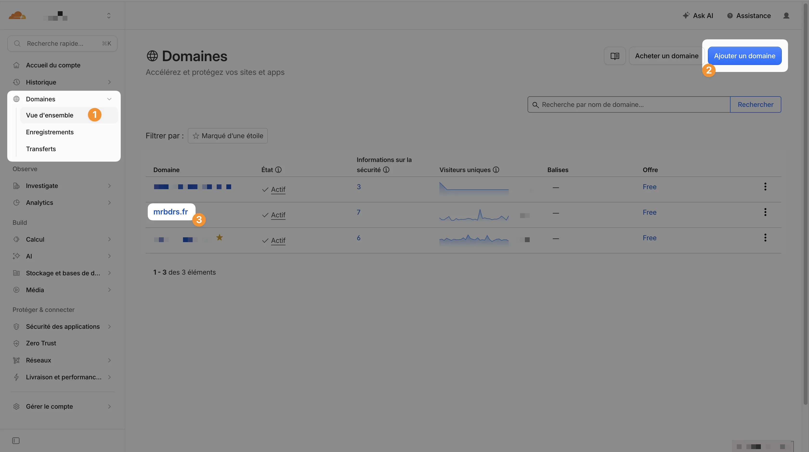 Vue d'ensemble des domaines Cloudflare indiquant le menu Domaines, le bouton Ajouter un domaine et un domaine existant