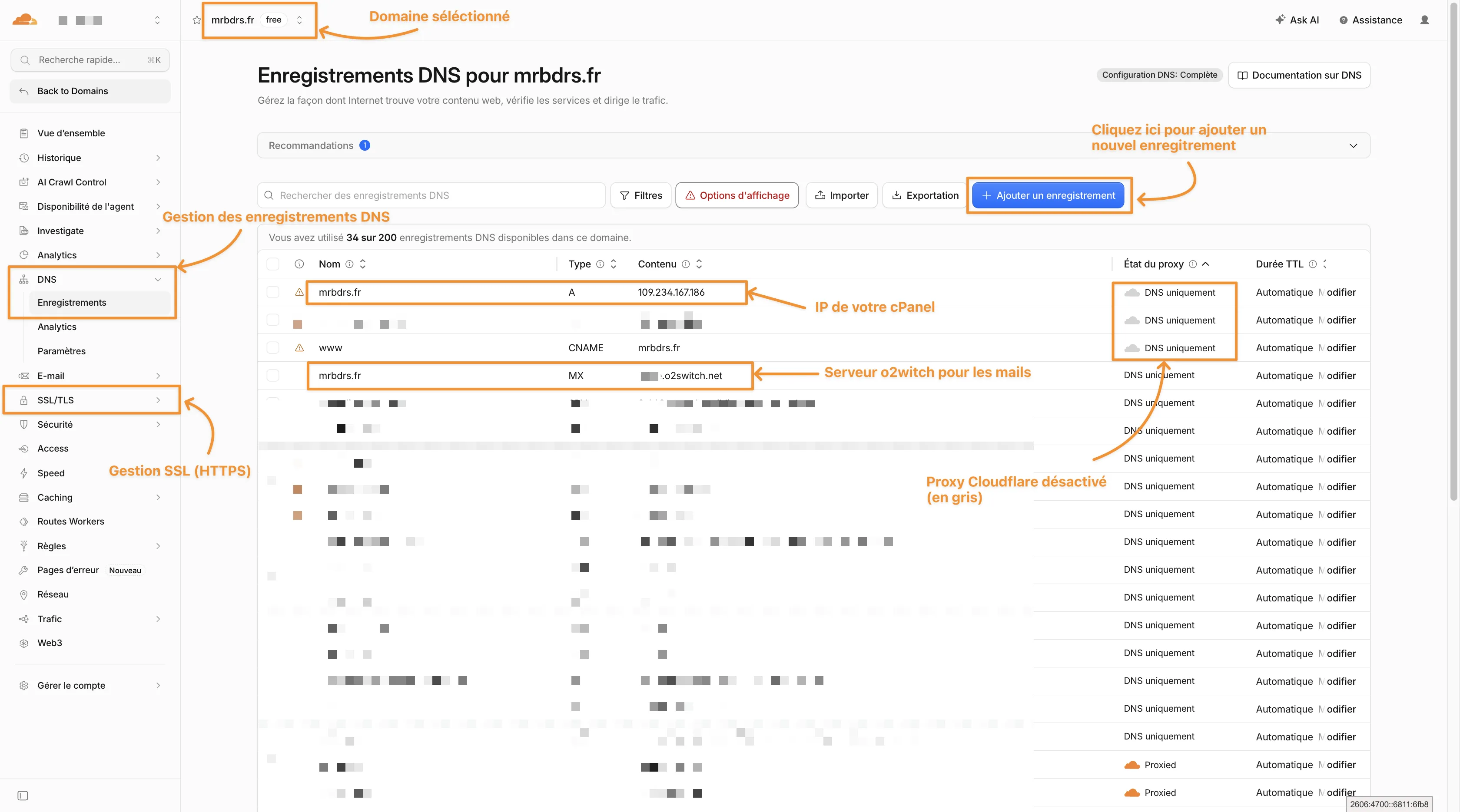Interface Cloudflare indiquant le domaine sélectionné, le menu DNS, le bouton Ajouter un enregistrement et les entrées A et CNAME en DNS uniquement