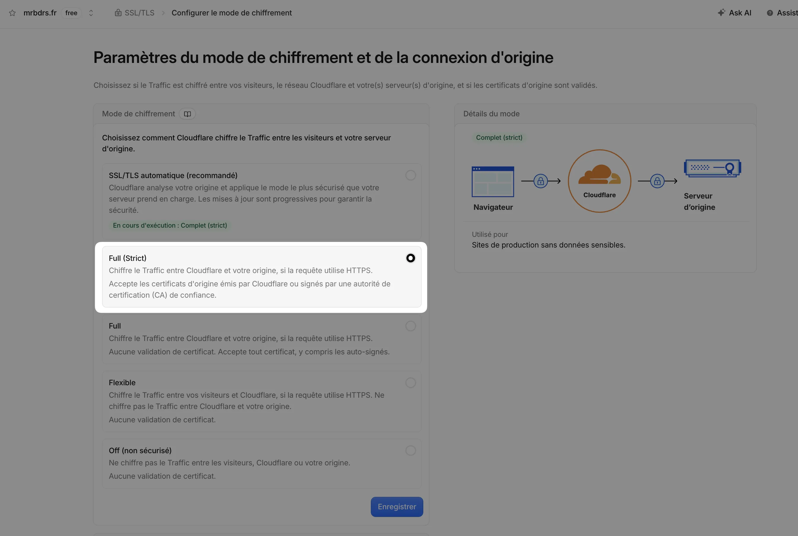 Paramètres du mode de chiffrement Cloudflare avec l'option Full Strict sélectionnée et le bouton Enregistrer