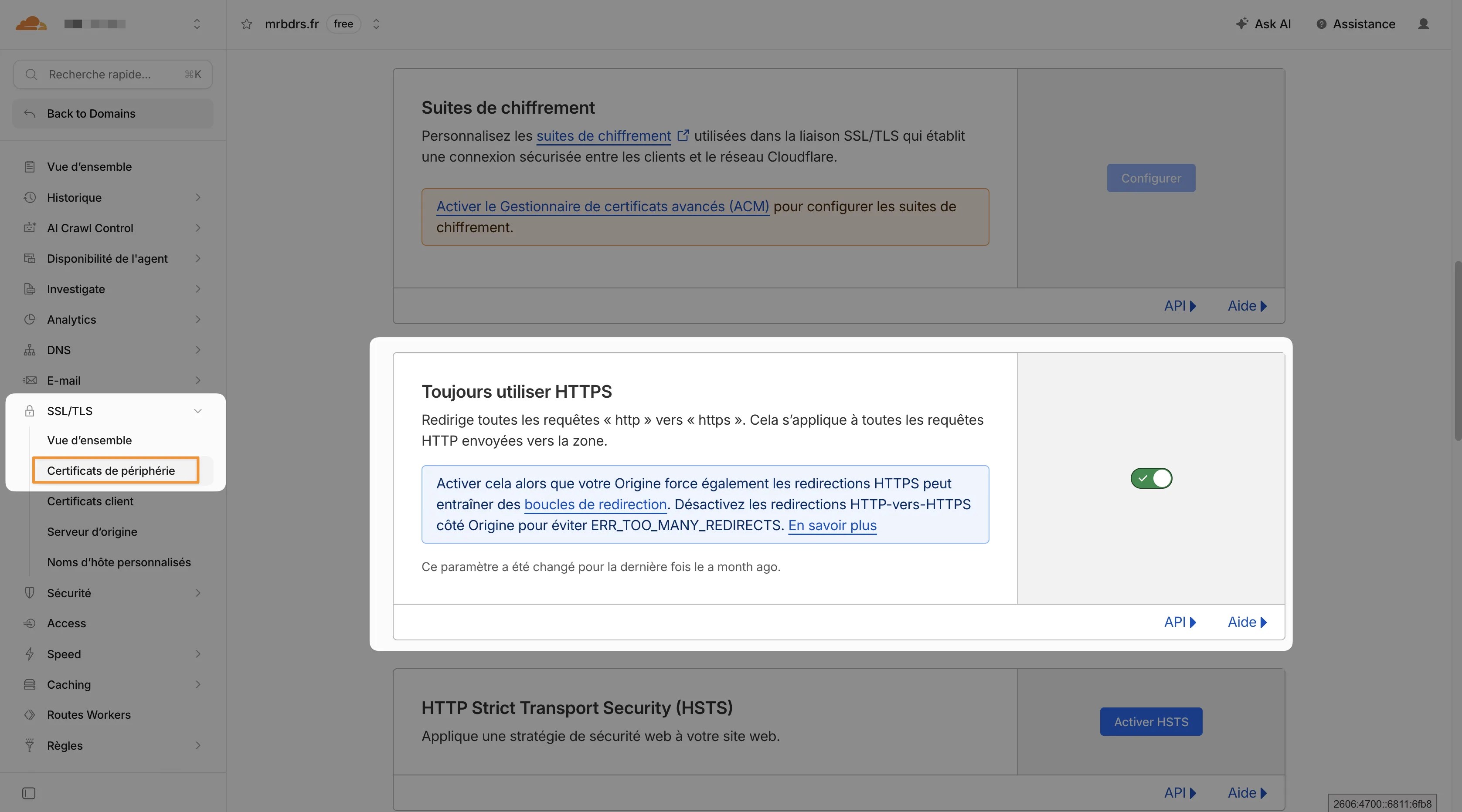 Menu Certificats de périphérie de Cloudflare avec l'option Toujours utiliser HTTPS activée